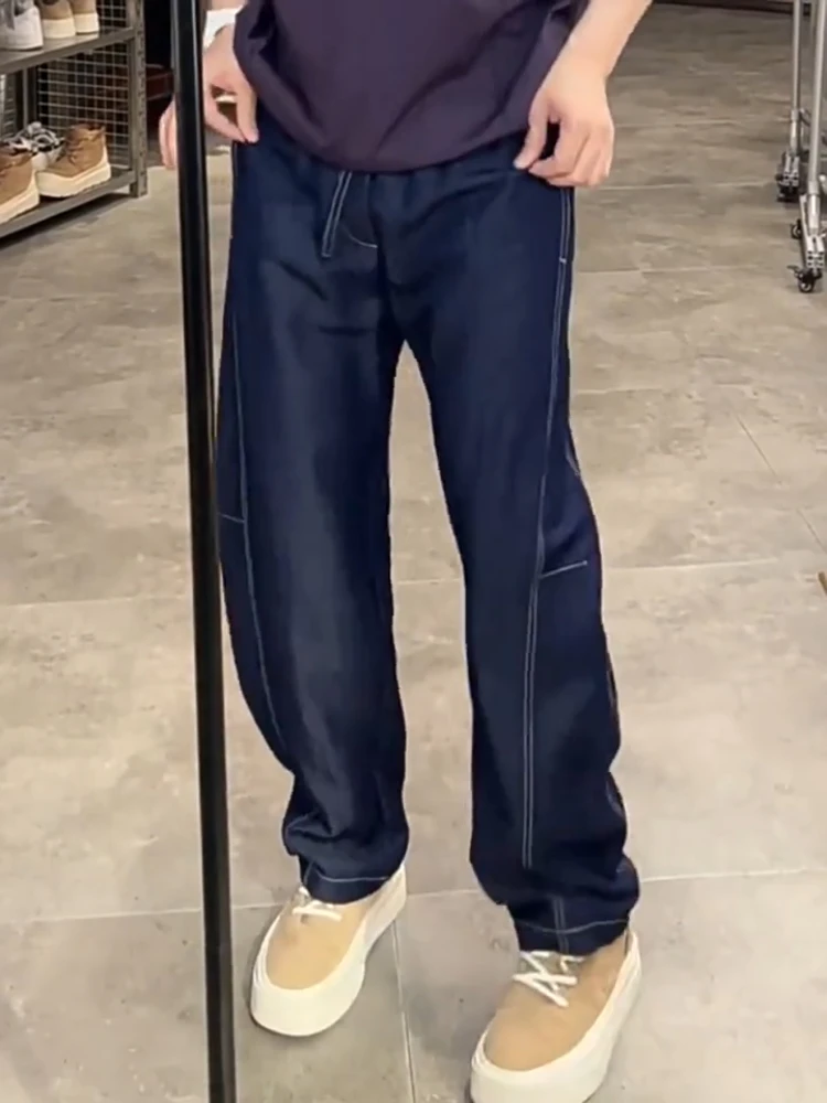 

Новые летние мужские повседневные джинсы прямого кроя: простой драпированный дизайн, винтажные широкие брюки, дышащие, удобные, из смесового хлопка