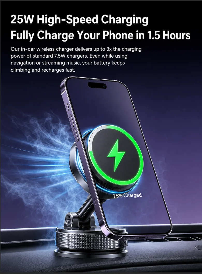 Qi2.2 Magnetisches Kabelloses Ladegerät Auto-Handyhalterung 25W Schnellladung mit Kühlventilator für iPhone 17 Pro Max 16 15 Huawei Ständer – Detail 5