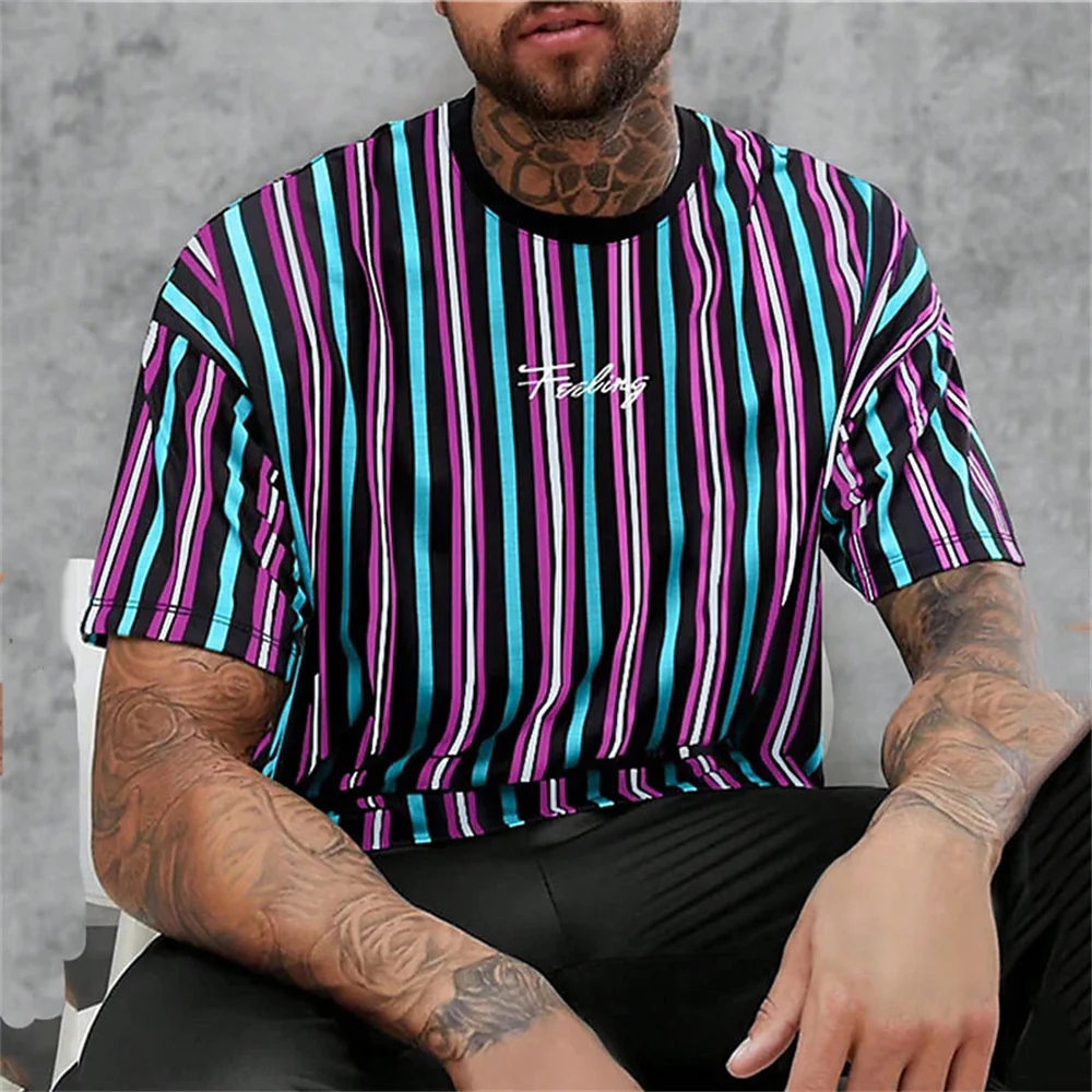 Striped T-Shirt For Men Letters 3d Printed Men\'S Clothing Loose Oversized-Shirt Street Trend Short Sleeved Daily Casual Tees Top