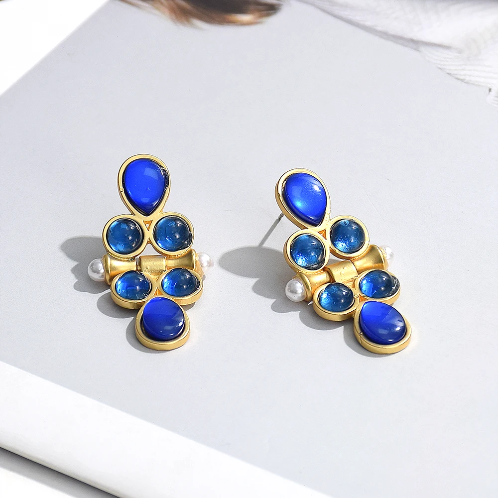 New Simple Metal Geometric Blue Crystal Drop Earrings for Women Vintage Round Imitation Pearl Drop Earrings Party Jewelry image 4