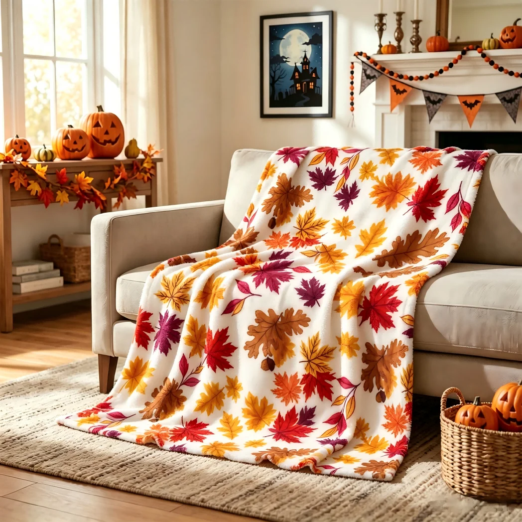 1pc Fall Throw Blanket for Couch Soft Cozy Autumn Leaves Blanket Halloween X-mas Flannel Blankets Festival Gift Four Season Use