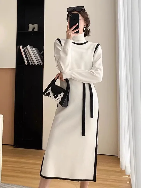 Ele malha longa camada base sve dr coreano sle commute cor pura fibra de poliéster ajuste solto cena casual