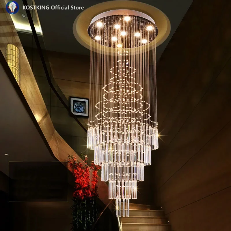 Modern LED Staircase Crystal Chandelier Hotel Restaurant K9 Crystal Lamp Villa Large Living Room Chandelier Home Lighting