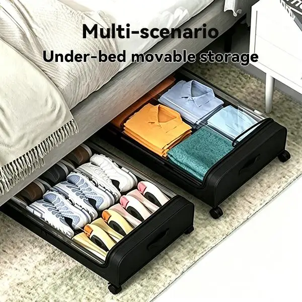 Rolling Under Bed Storage with 360° Wheels Detachable Metal Underbed Storage Containers with Clear Dustproof Lid Large Capacity Clothes Shoes Blanket Drawer Organizer Box