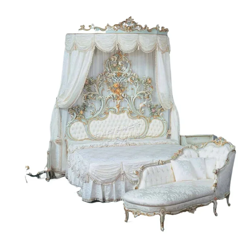 Palace bed, master bedroom bed with carved and painted fabrics