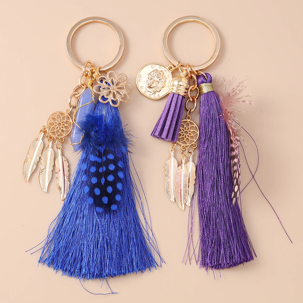 Bohemia Feather Keychain Handmade Tassels Key Ring Pendants for Women Girls Handbag Decor DIY Handmade Key Chain Jewelry Gifts