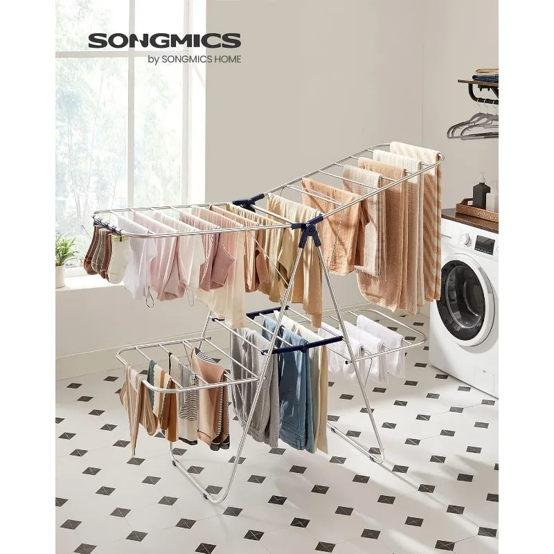 SONGMICS Clothes Drying Rack, Foldable 2-Level Laundry Drying Rack, Free-Standing Large, with Height-Adjustable Wings,Sock Clips