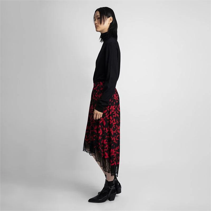 Zadig Women Long Skirt Elegant Maple Leaf Lace Jupes Viscose Skirts Female Casual Balck Red Print Knee Length Chic Long Skirts