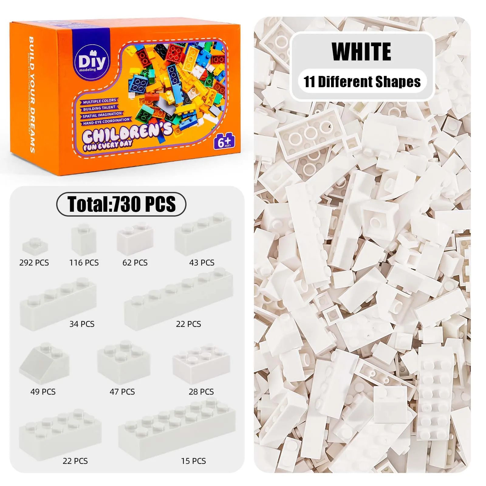 

730pcs Small Particle Building Blockseds Assorted Parts Bulk Lot White Color 11 Size for DIY Creative Model STEM Educational TOY