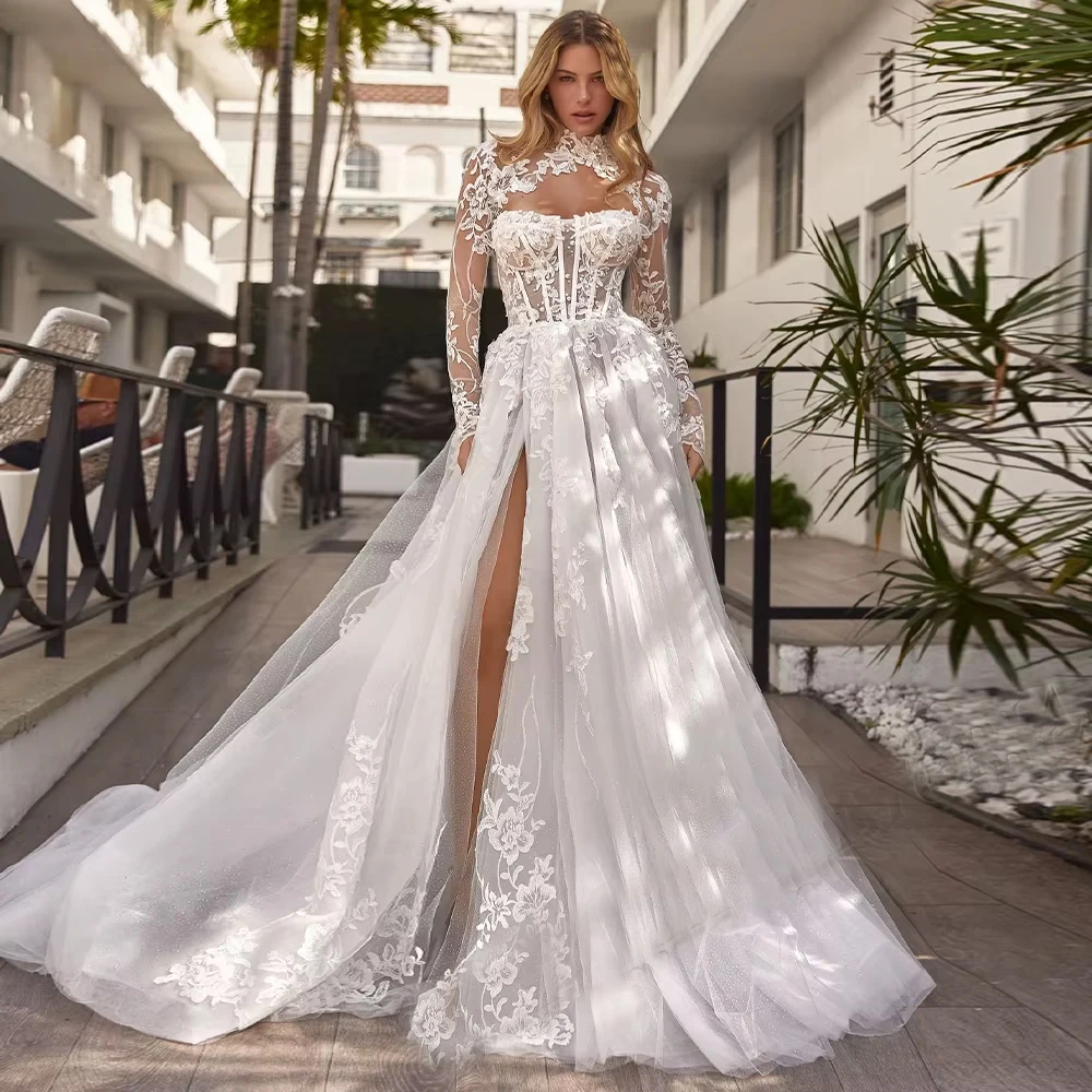 Customized Delicate Slit Wedding  Dresses For Woman Bridal High Neck Tulle Pleat A-LINE Appliques  Vestidos  Bridal Gown