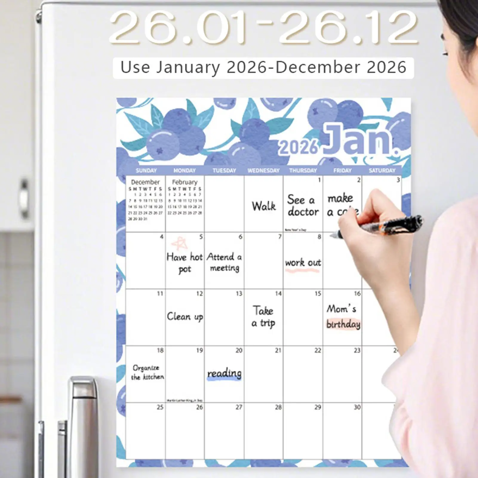Magnetic Refrigerator Calendar 2026 12-Month Daily Planning Calendar Smudge-proof Magnetic Schedule Countdown Punch-In Planner