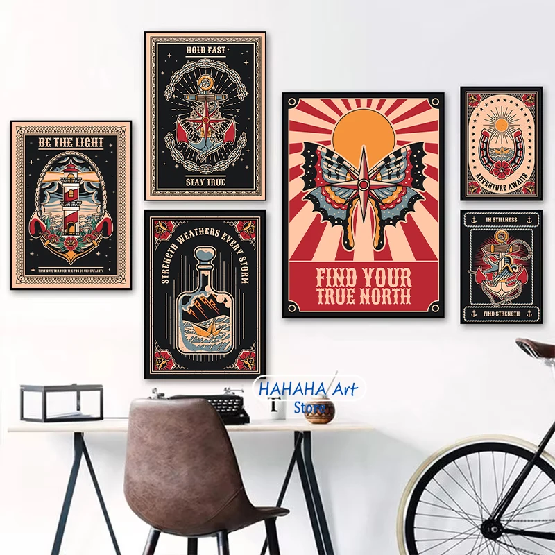 Nautical Sail Lighthouse Anchor Compass Rudder Vintage Tarot Cards Quotes Courage Luck Faith Poster Canvas Painting Wall Decor
