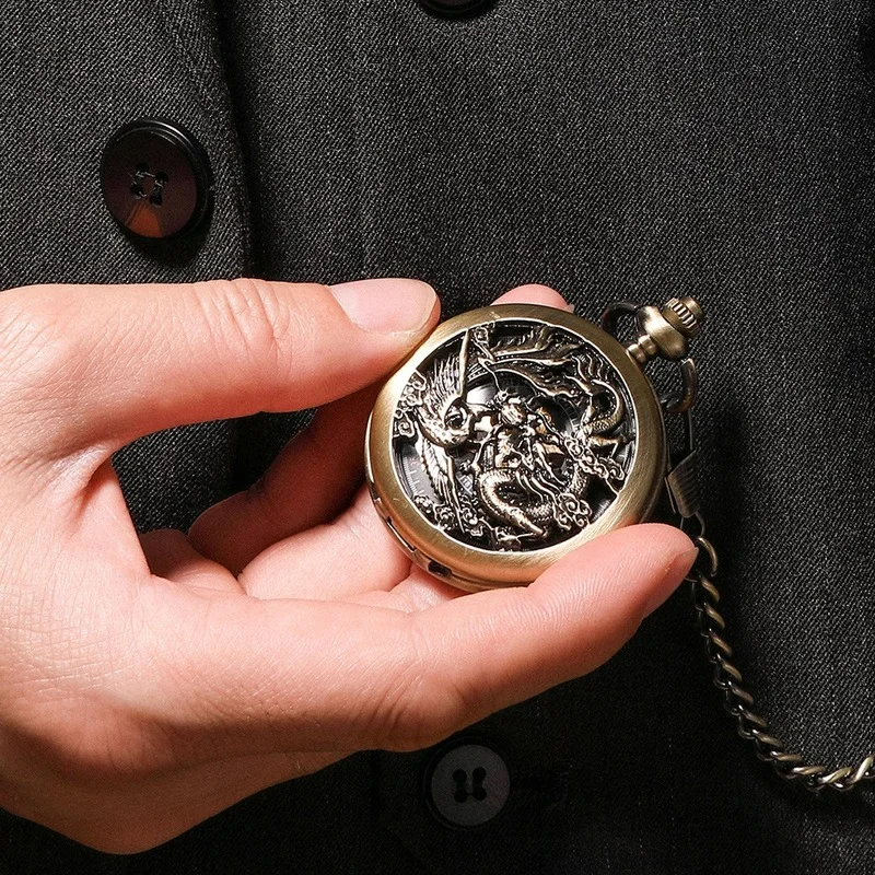 Vintage Retro Mechanical Pocket Watch Double Dragon Play Ball Steampunk Skeleton Hand-wind Flip Clock Fob Watch With Chain Men