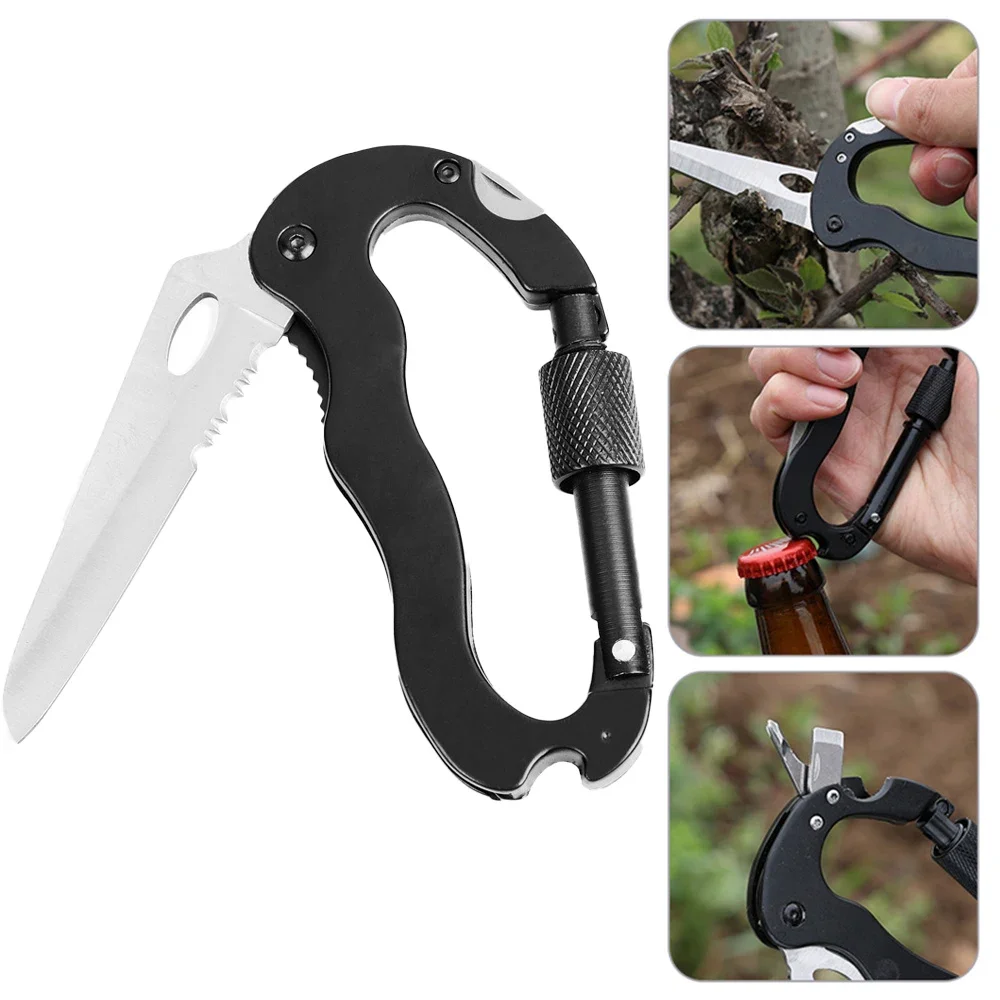 

5 in 1 Outdoor Camping Multi Function Mountaineering Buckle Screwdriver Carabiner Bottle Opener Wine Opener Survival Tool, Black