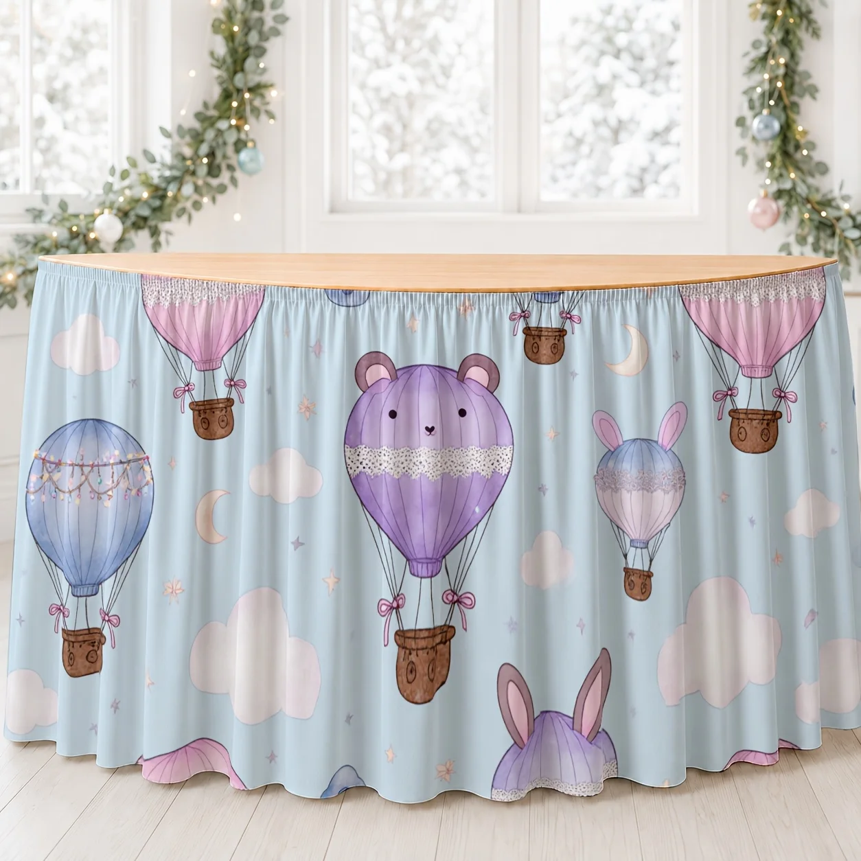 Dreamy soft-toned hot air balloon and rabbit illustrated tablecloth and table runner for spring birthday party setxzj