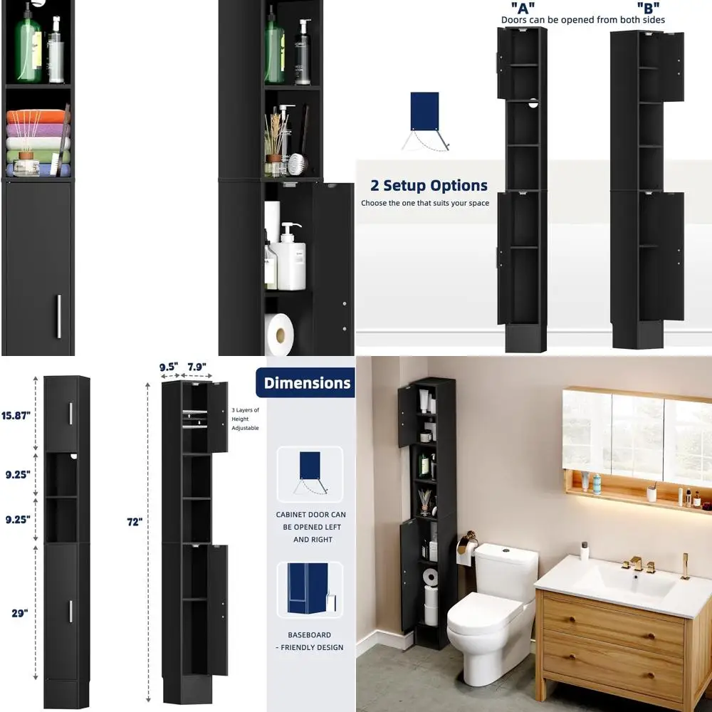 

72 High Slim Freestanding Bathroom Storage Cabinet with 2 Doors and Adjustable Shelves for Small Spaces, Ideal for Living Rooms,