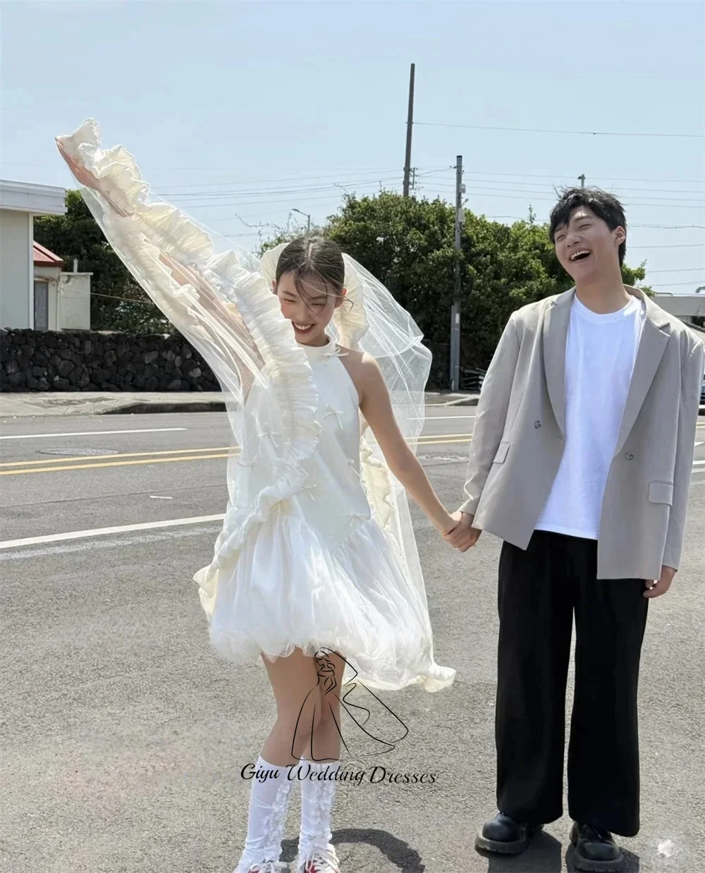 Giyu Customized Lovely Bow Silk Satin Short Korean Wedding Dress Photo Shoot Mini Bride Gown Formal Party Reception Dress