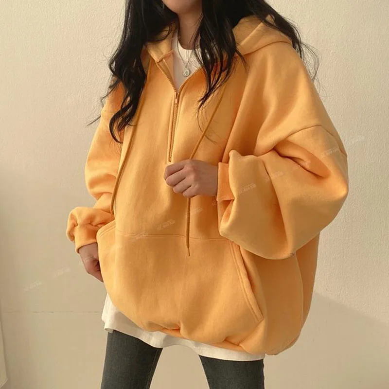 Kawaii Big Pocket Drawstring Hoodies Women Spring Autumn Loose Half Zipper Pullover Woman Street Solid Color Long Sleeve Hoodies