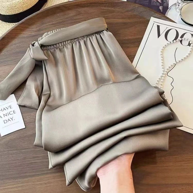 Acetat Satin Hosen Frühling und Sommer Schwarz Boden Wischen Casual Hosen Koreanische Lose Hohe Taille Büro Dame Gerade Hosen