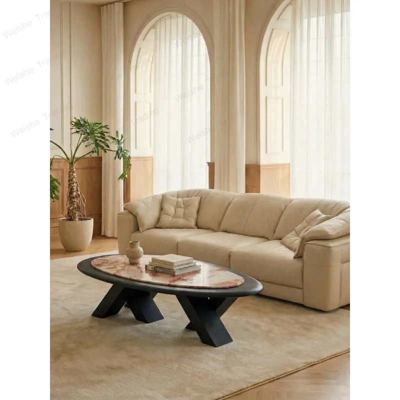 

Light luxury oval natural marble coffee table modern simple living room small apartment