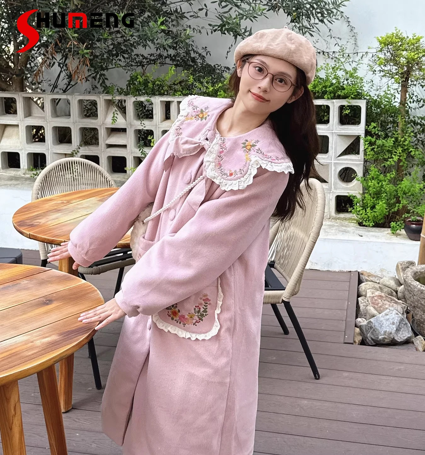 森ガールズ スイートロリータ ピンク ロングウールジャケット 秋冬新作 日本のかわいい女の子 スイート刺繍シングルブレストオーバーコート