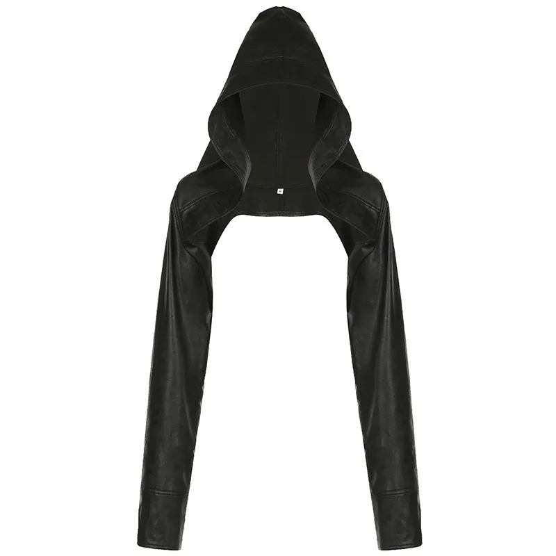 Nuovi cappotti giacche donna Harajuku streetwear ultra-corto tinta unita allentato manica lunga cappotti con cappuccio top in pelle irregolare femminile