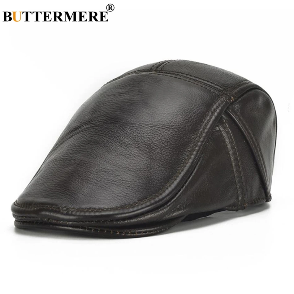 BUTTERMERE Mens Flat Caps Real Leather Hats Berets Male Genuine Leather Cowskin Adjustable Ivy Cap Classic Driving Cabbie Caps