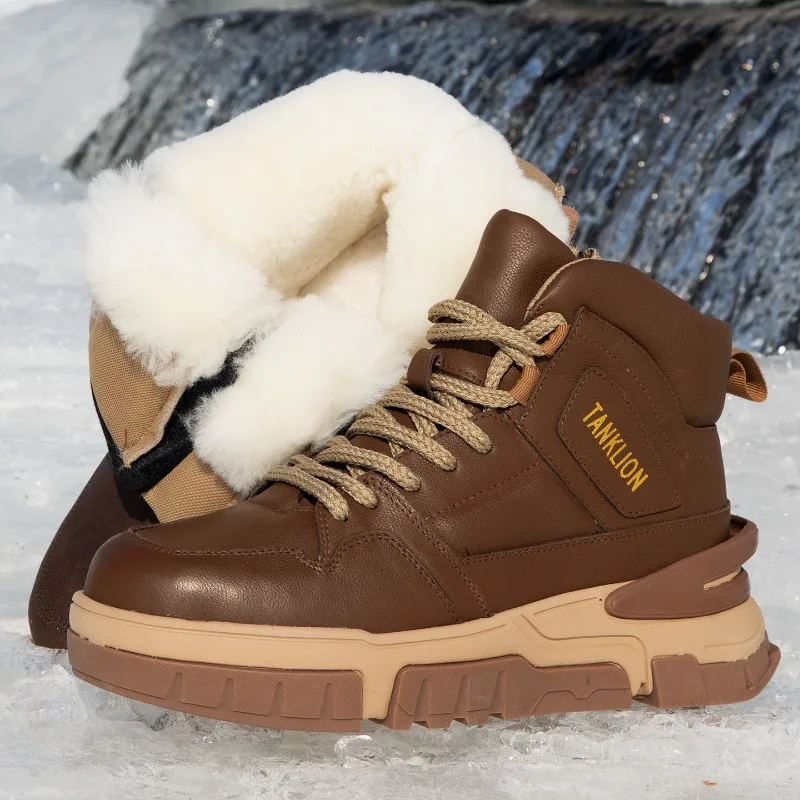 

Plush Thickened Hiking Ankle Boots Warm Genuine Leather Coldproof Cotton Shoes Russian Winter Men Outdoor Wool Snow Boots