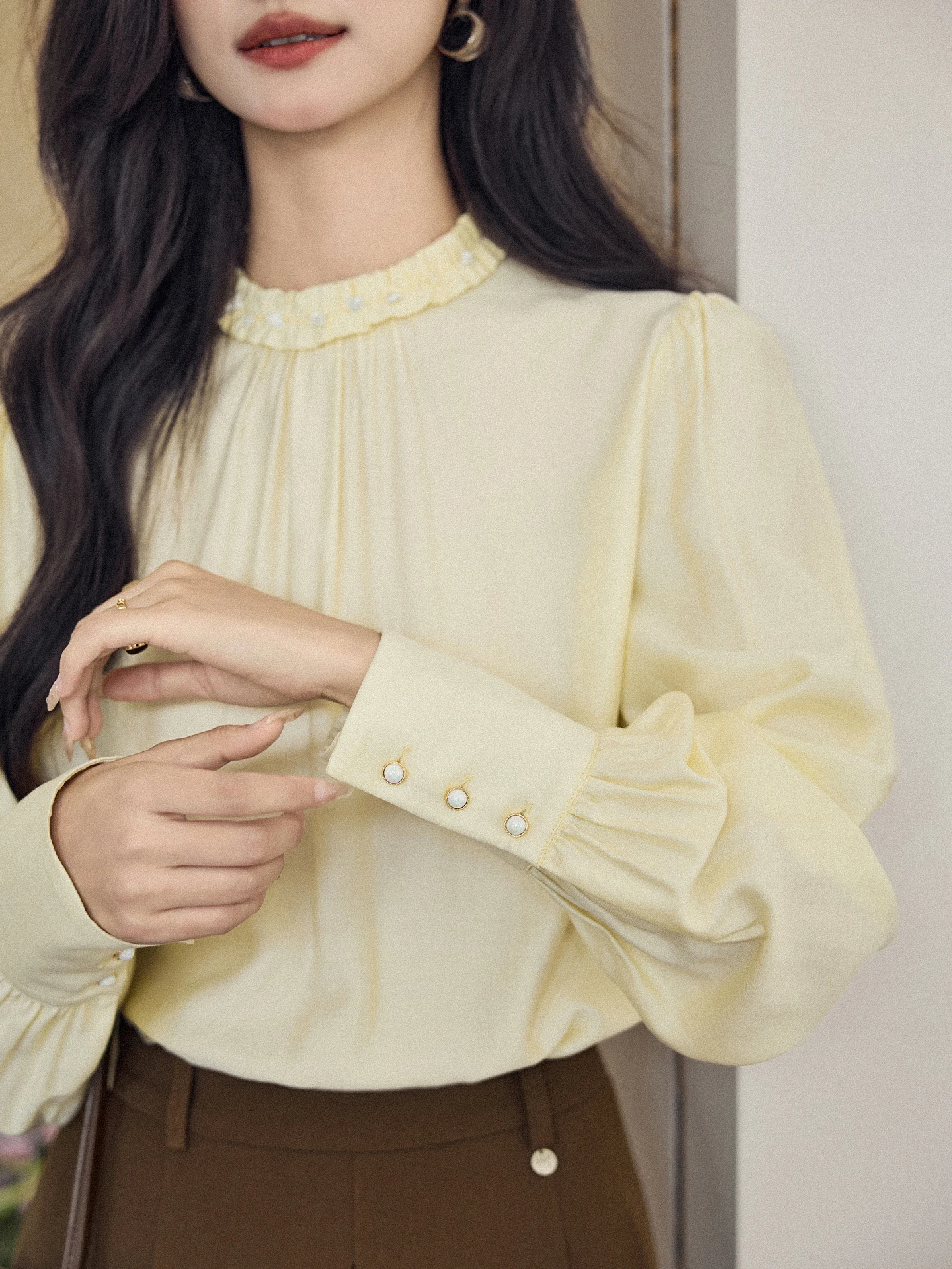 

Премиум-рубашка из шерсти с длинным рукавом и воротником-стойкой, в деловом французском стиле, летняя новинка, женская, прямого кроя