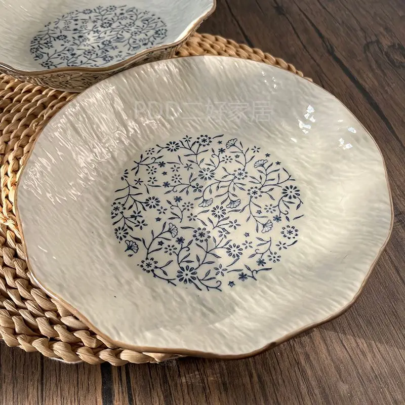 Hand-painted Chinese Ceramic Plates with Deep Lace and Stone Patterns Underglaze Color High Aesthetic Value Dining Plates