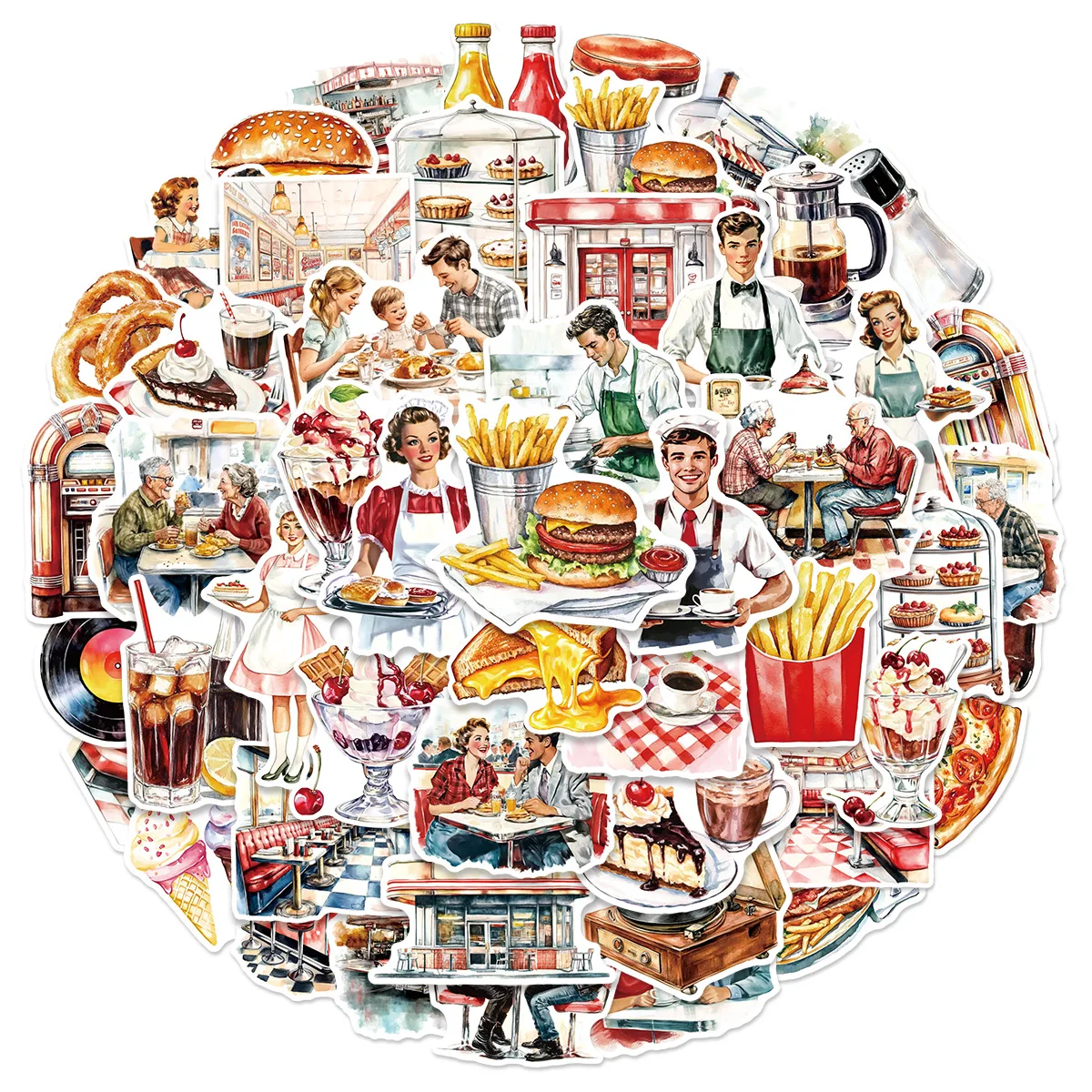 

10/30/50PCS European and American Retro Restaurant Food Decoration Stickers for Water Cup Mobile Phone Case Graffiti Toy Sticker