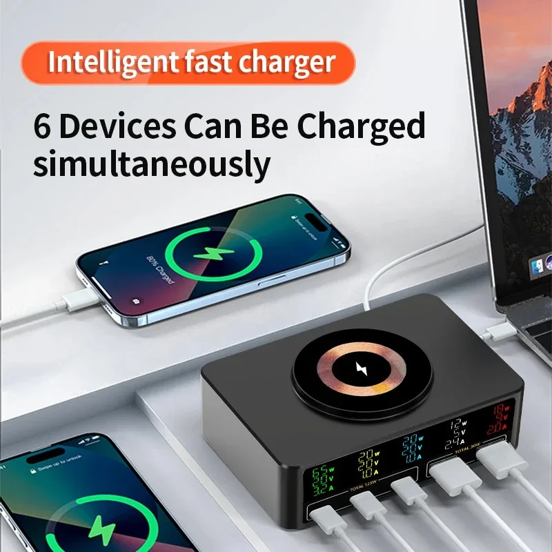 

140W GaN Charger Magnetic Wireless Charging Desktop USB Type C Charger 100W PD QC3.0 Fast Quick Charge For Laptop Tablet Phone