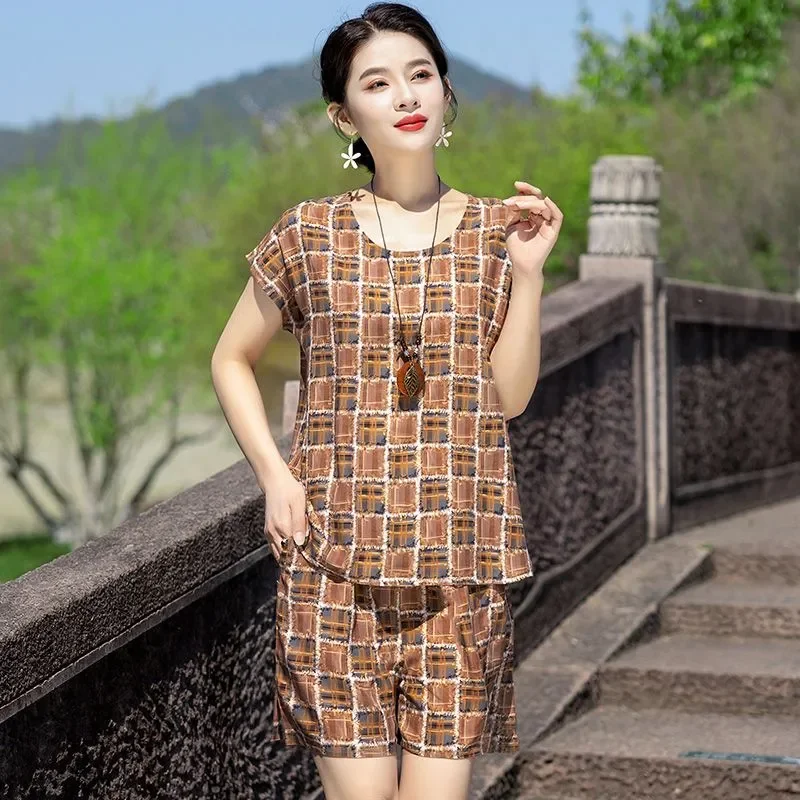 

Women Retro Plaid Cotton Linen Short Sleeve Shorts Set Loose Loungewear Home Pajamas For Mom