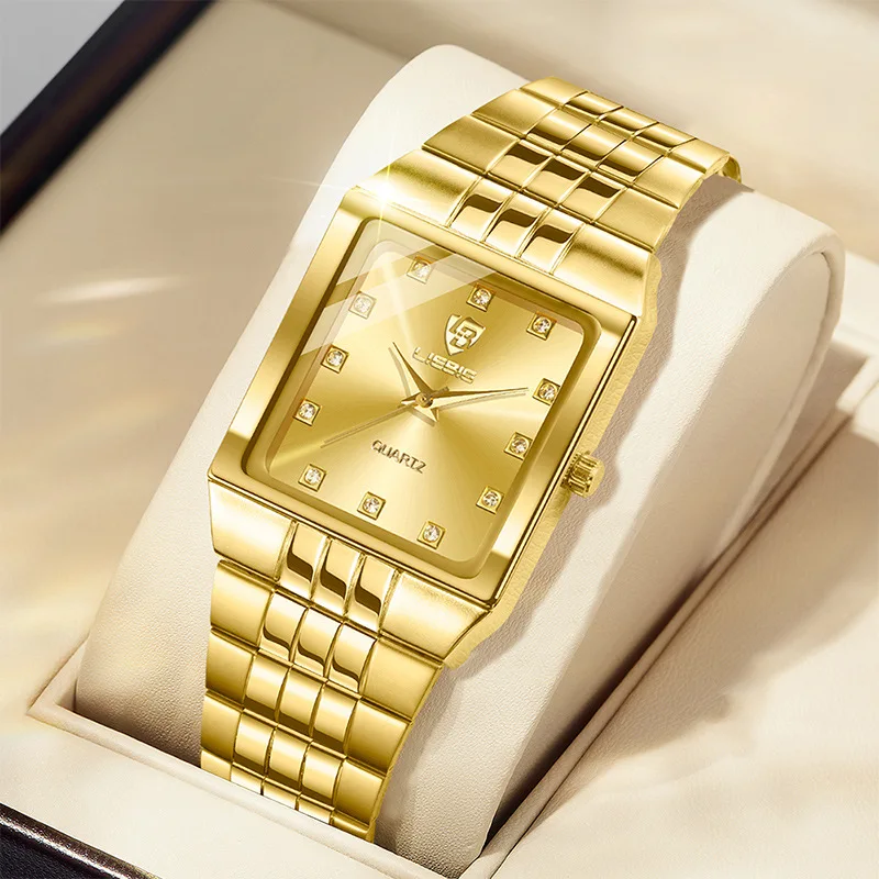 LIEBIG fashion brand luxury diamond gold watches for men couple watch reloj mujer quartz mens watch square steel strap watch
