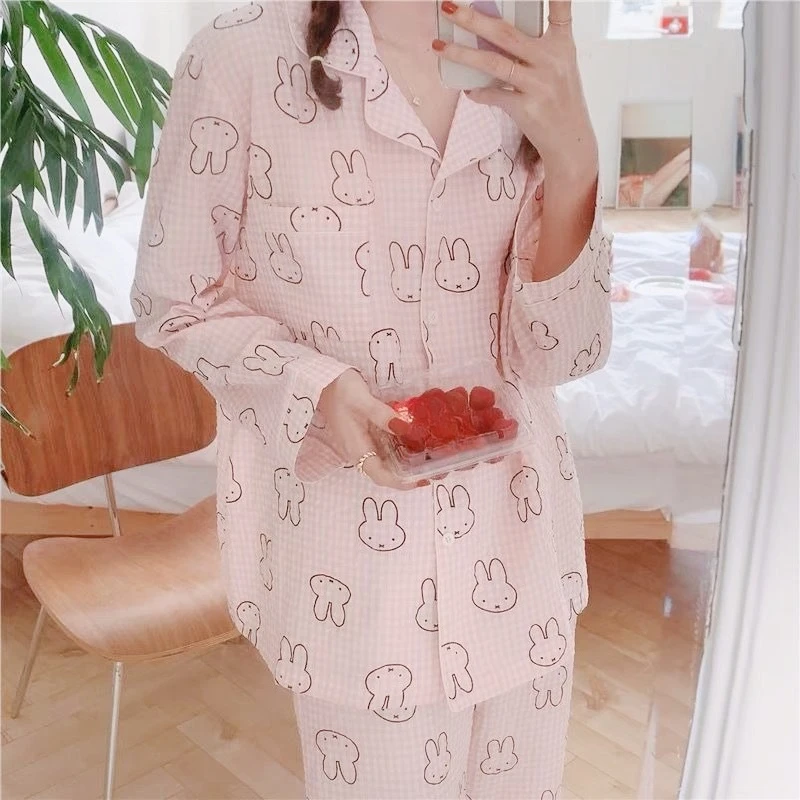 Conjunto de pijamas vintage miffy bunny doce xadrez leve e minimalista para mulheres retrô desenho animado algodão loungewear