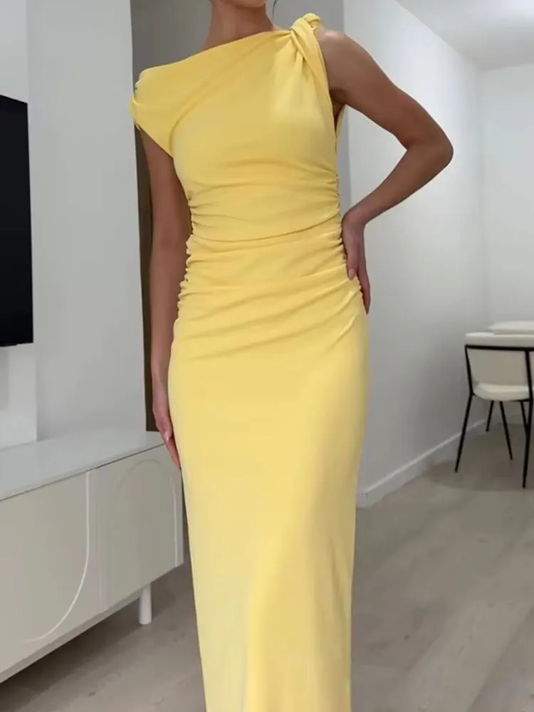 Hh elegante vestido amarelo para mulheres sem mangas drapeado midi vestidos sexy fora do ombro vestido de noite y2k verão férias vestidos