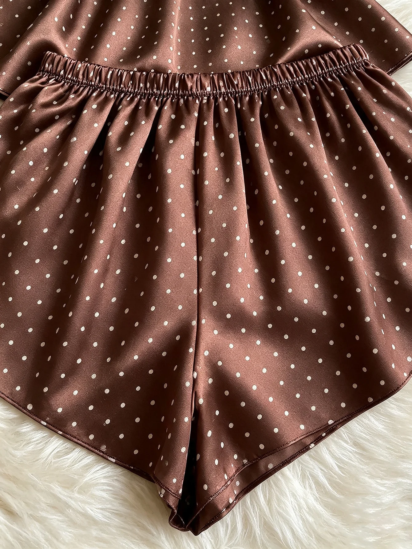 New Fashion Women Polka Dot Print Satin 2Pcs Pajama Set Elegant Round Neck Top Elastic Waist Shorts Ladies Home Sleepwear view 4