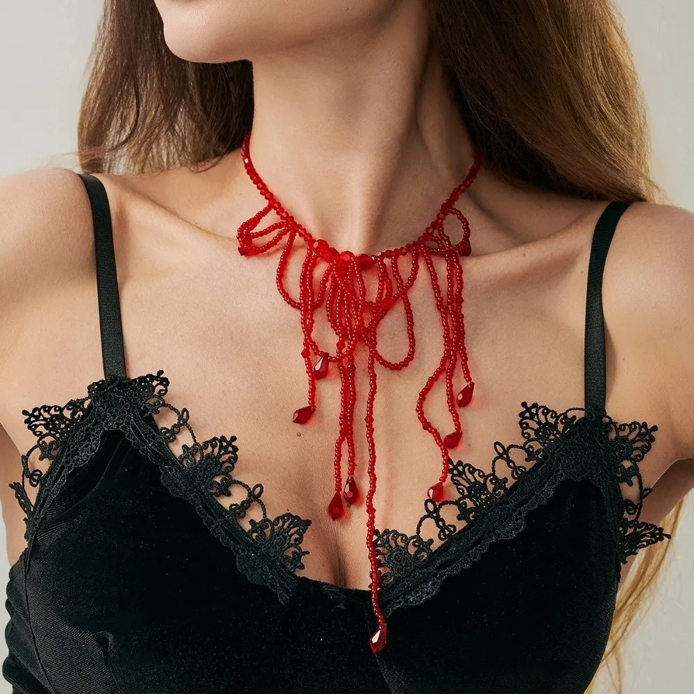 Creative Multilayer Blood Drop Necklace Tassel Red Halloween Choker Beads Clavicle Chain Gothic Jewelry Cosplay
