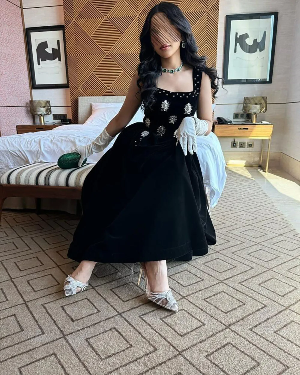 Msikoods personnalisé noir velours robe de bal saoudien une ligne strass élégant robe de fête d'anniversaire Vintage Midi robe formelle femme