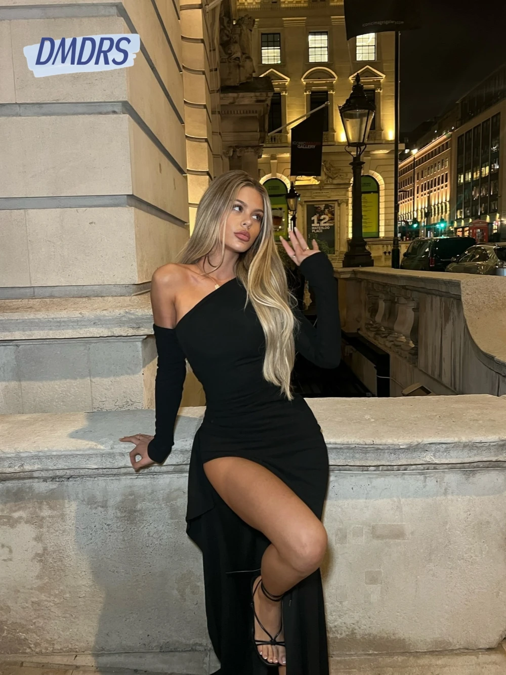 

DMDRS Black Sexy High Slit Evening Dress Modern Women Long Sleeves Customized Party Holiday Wear Fashionable Formal Prom Gown