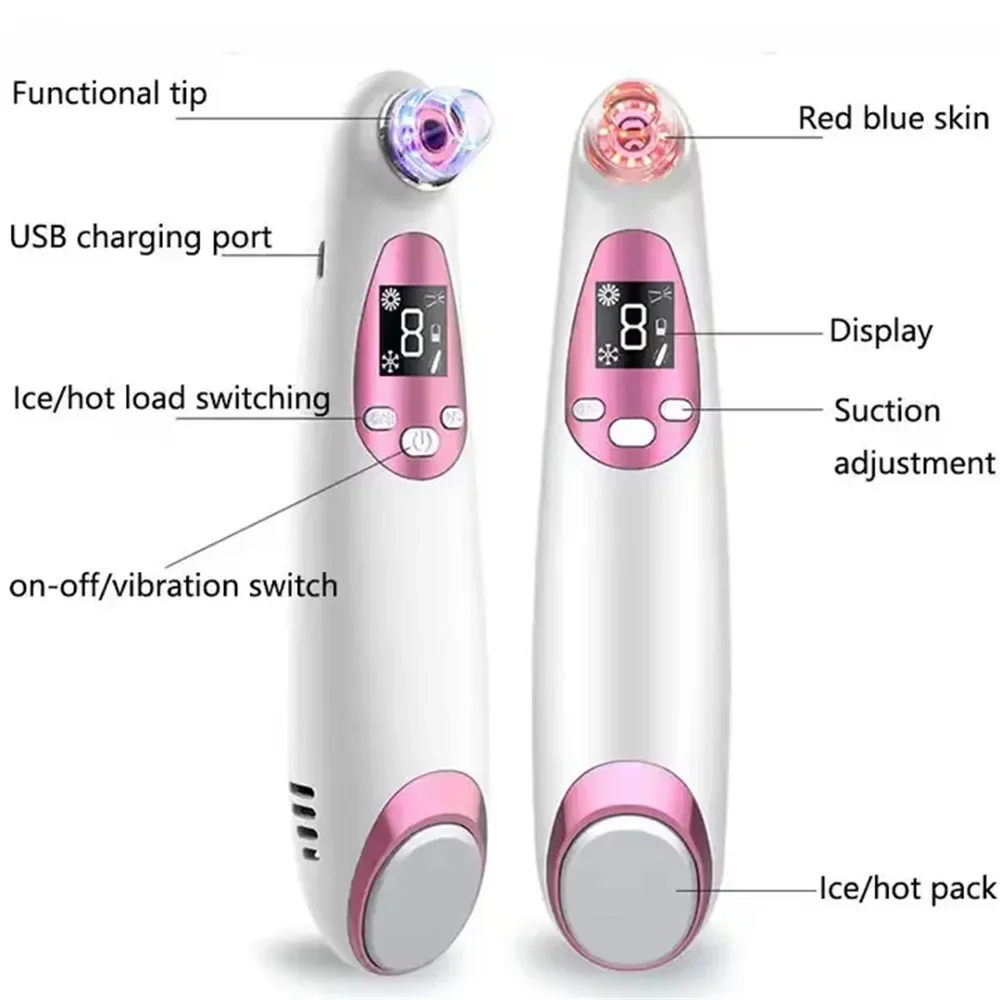 Aspiradora facial, herramienta extractora de comedones y acné, aspiradora de poros con pantalla LED, fuerza para toda la piel con compresa fría y caliente