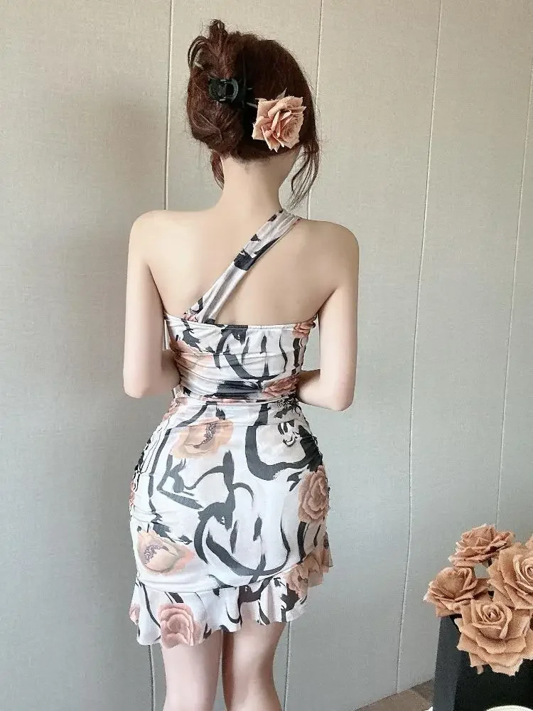 Ärmellose enge Damenkleider Rüschen kurze Mini-Korsett-Blume schulterfrei weibliches Kleid Slip Floral Sommerkleid figurbetont Y2k Kpop