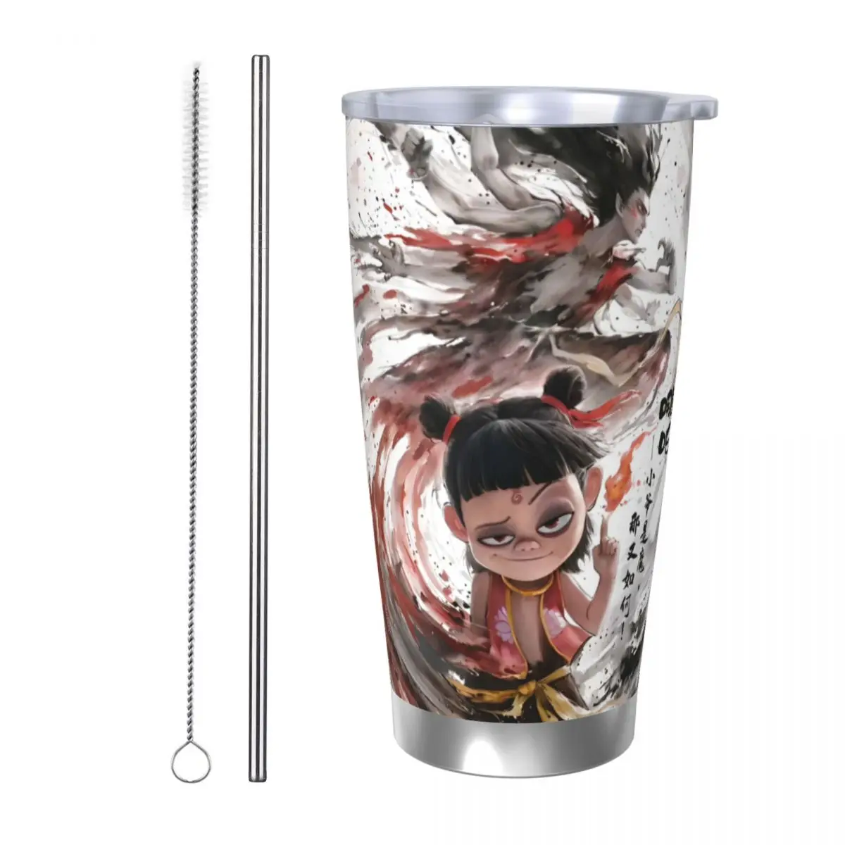 Nezha Birth Of The Demon Child Tumbler Vacuum Insulated Ne Zha Cartoon Movie Coffee Cups with Lid Straw Mugs Water Bottle, 20oz