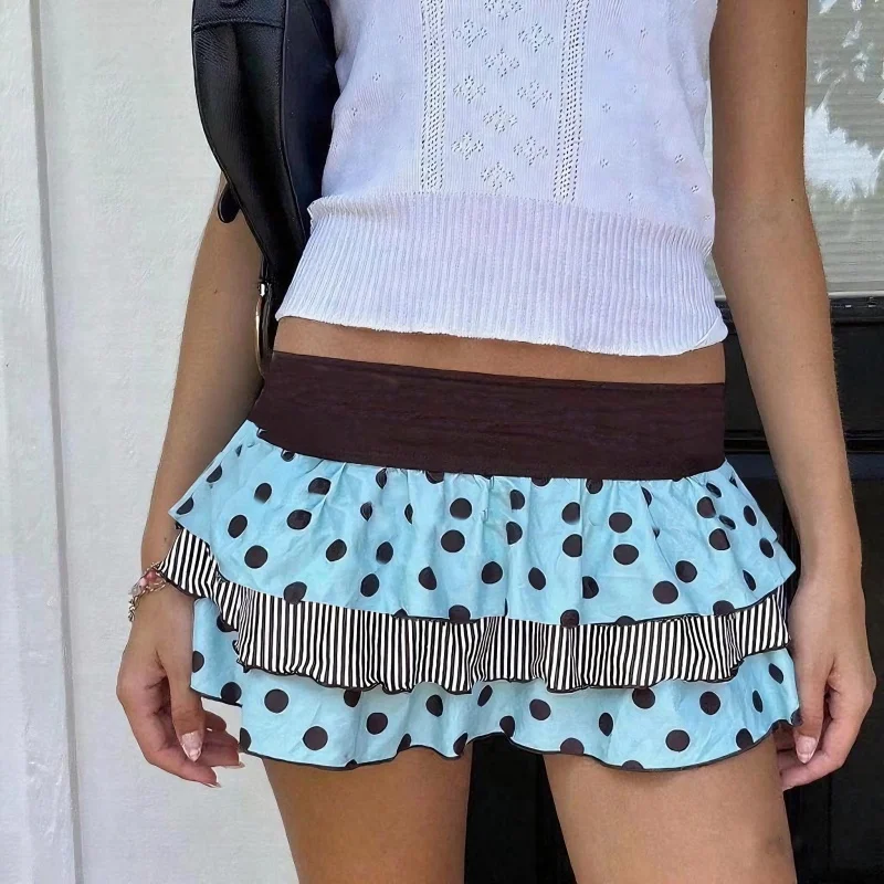 Rok Mini Berlapis Motif Polkadot Y2K, Rok Pendek Berlipit Bertingkat dengan Ruffle, Rok Mikro A-Line Seksi Bermotif