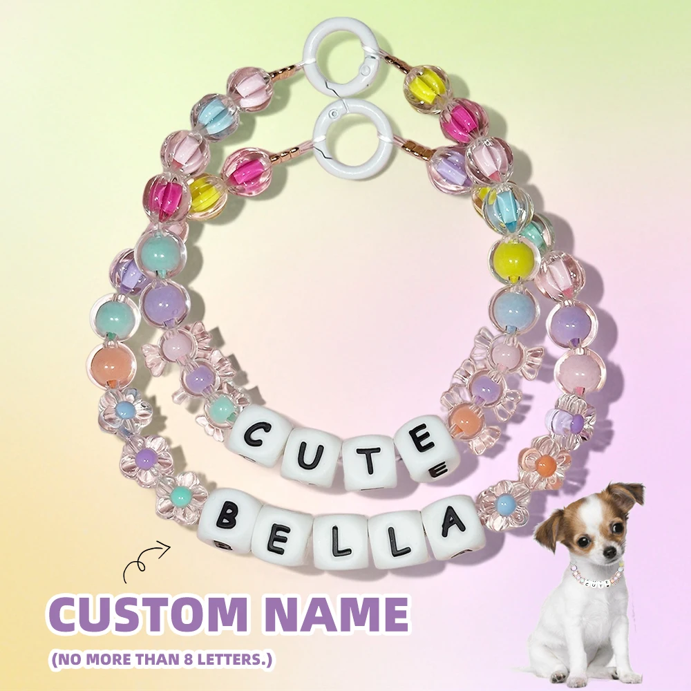 

Beaded Dog Collar Personalized Custom Name Necklace Flower Candy Charming Beads Pet Accessories Supply Plastic Adorable Cute