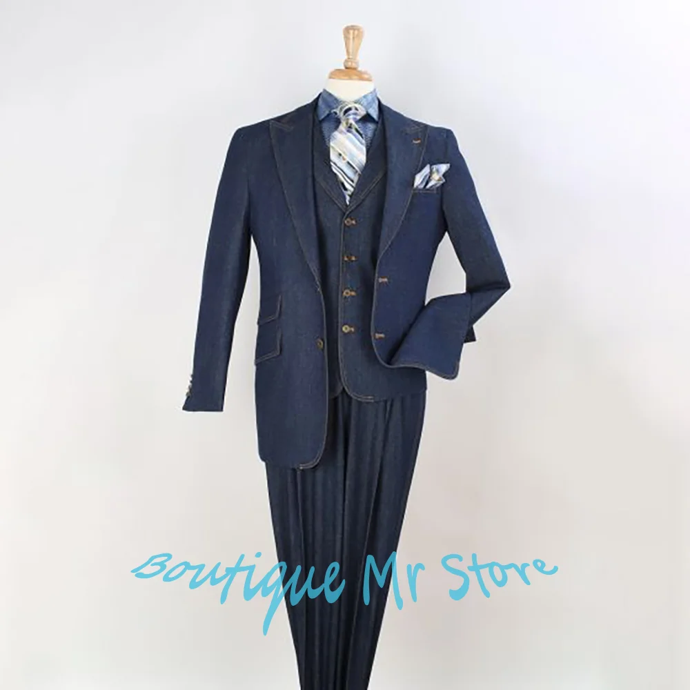 

Men’s Navy Blue Denim Suits Single-breasted 3-Piece (Jacket+Vest+Pants) Set for Casual Formal Daily Business Party Streetwear