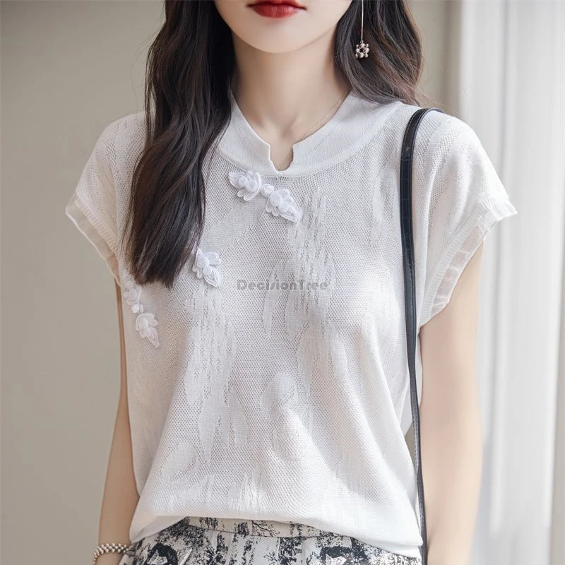 2024 new chinese style short sleeve cheongsam blouse female knitted retro disc buckle stand collar qipao daily top summer w874