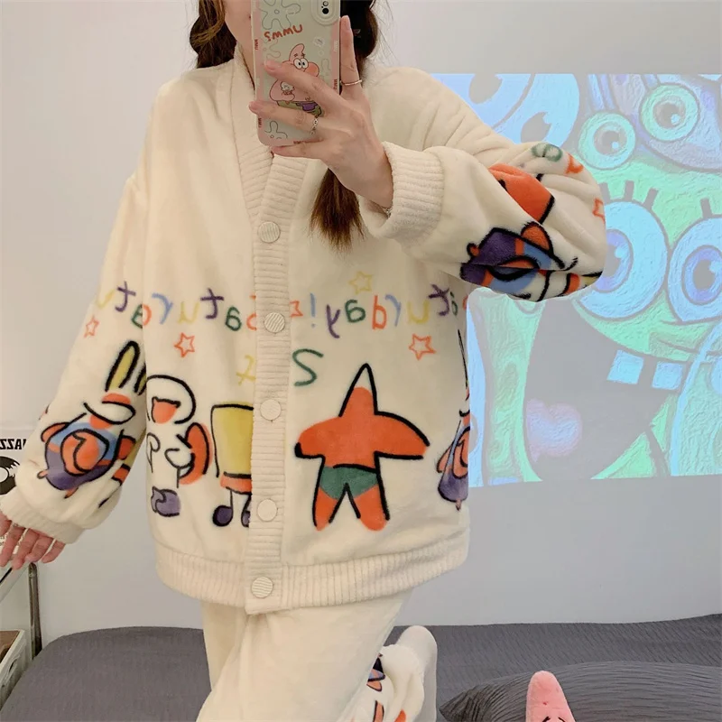 Autumn Winter V-neck Cartoon Cardigan Set Flannel Pajamas Women's Thickened Coral Velvet Long Sleeved Plush Home Clothes