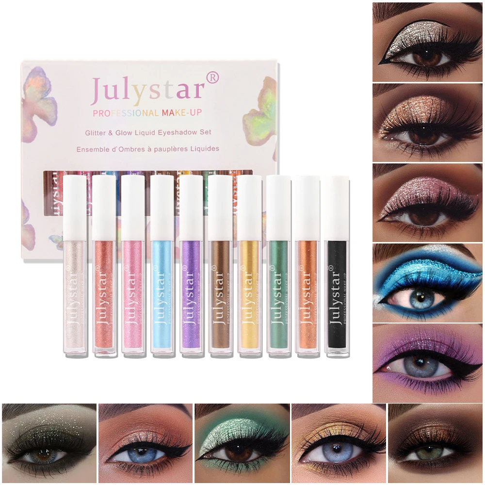 10 Colors Liquid Glitter Eyeshadow Set Metallic Glitter Shimmer Eye Looks Waterproof Long Lasting French Tip Applicator Ball