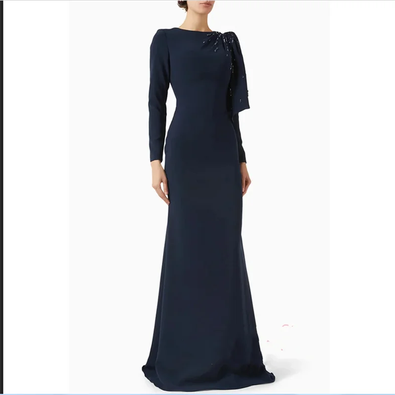 

Скромное вечернее платье в Саудовской Аравии по индивидуальному заказу с круглым вырезом и длинными рукавами, расшитое бисером, с разрезом сзади, платье русалки для выпускного вечера, вечерние платья 2025